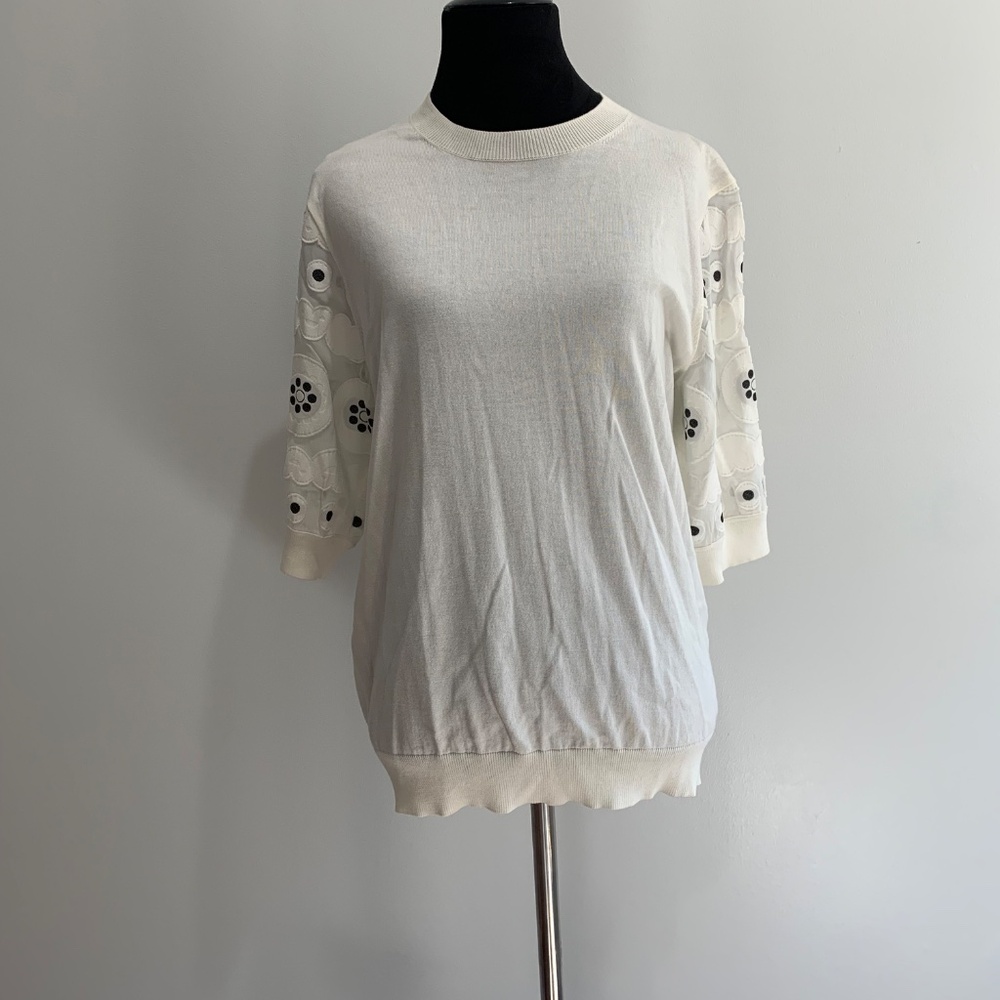 Chloe Milk Cotton Blend Guipure Lace Sleeve Blouse knit  XL black cream white
